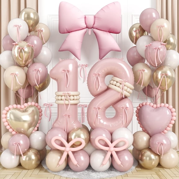Dusty Pink Balloon Number 18 for 18th Birthday Girls, Retro Blush Pink Gold Cream Latex Balloons with Large Bow Heart Foil Balloons for Boho 18 Year Old Birthday Anniversary Party Decor Y114