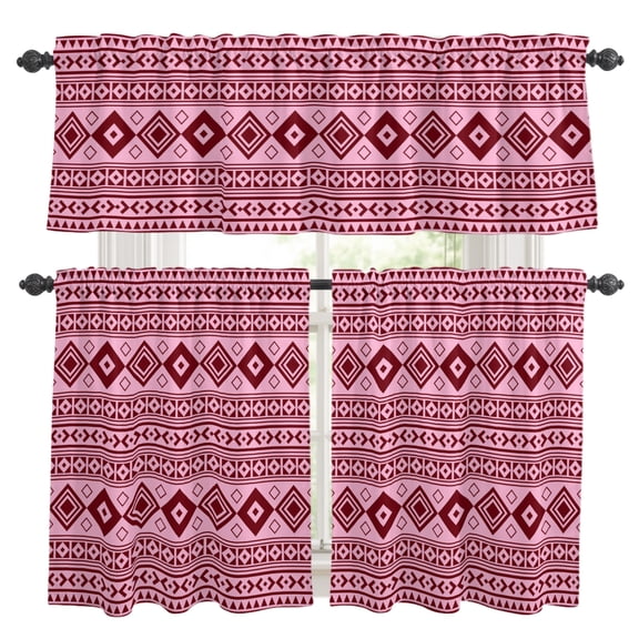 Dusty Pink Boho Kitchen Curtains Set for Windows, Moroccan Geometric Striped Folk Modern Farm Curtains Valance and Tier 3 Piece Set Small Drapes 36 Inch Length for Kitchen Bedroom Decor