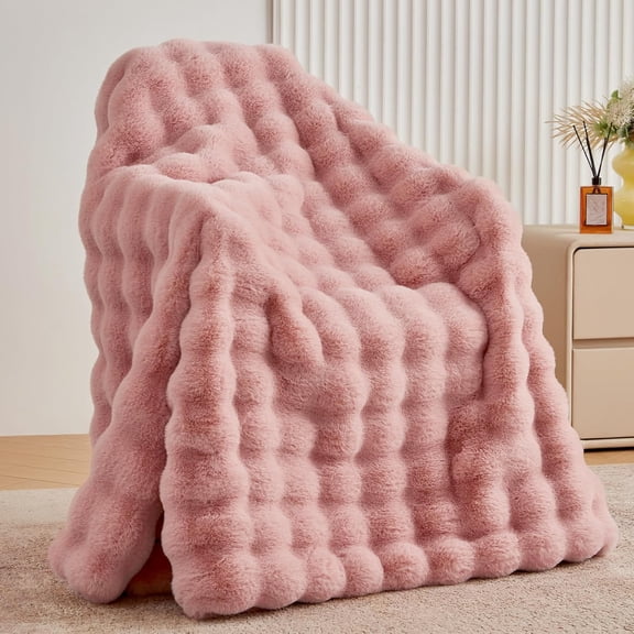 Dusty Pink Bubble Faux Fur Throw Blanket, Fluffy Soft Cozy Plush Blanket for Couch & Living Room, 51x63 Inches