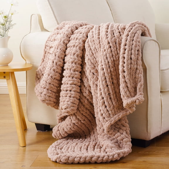 Dusty Pink Chunky Knit Throw Blanket,Soft Thick Chenille Blanket For Sofa Bed Home Decor,50"X60""