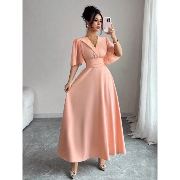 Dusty Pink Collared V-Neck Waist-Pleated Chiffon Ruffle Sleeve Elegant Maxi Dress