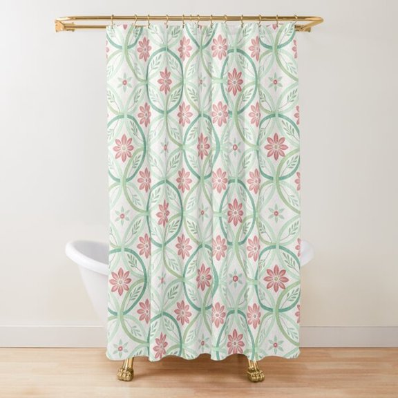 Dusty Pink Floral and Mint Green Interlacing Vine Shower Curtain, 100% Polyester, Botanical Bathroom Decor