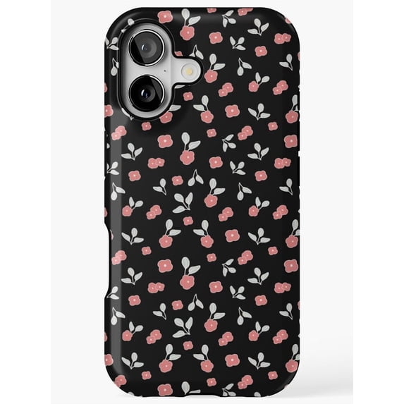 Leaf Tech Dusty Pink Flowers and Gray Leaf Sprigs on Black Tough Case for Apple ...