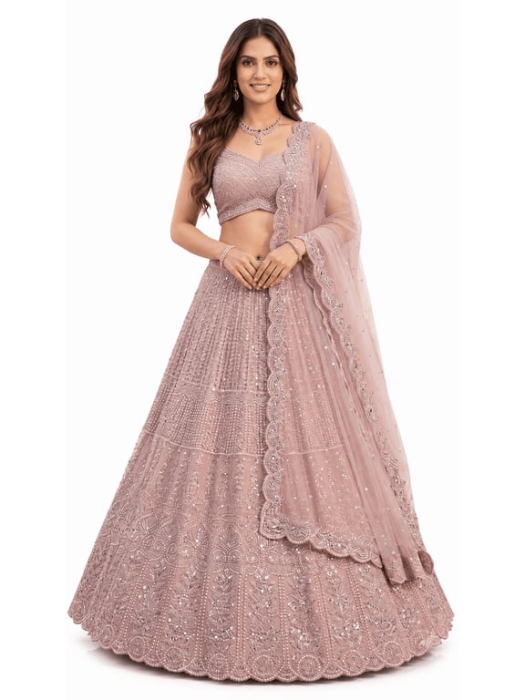 Dusty Pink Georgette Lehenga Choli for Women, Sequins Resham Dori Thread Work Unstitched Blouse & Net Dupatta, Indian Wedding Party Wear Bridal Lehenga Set