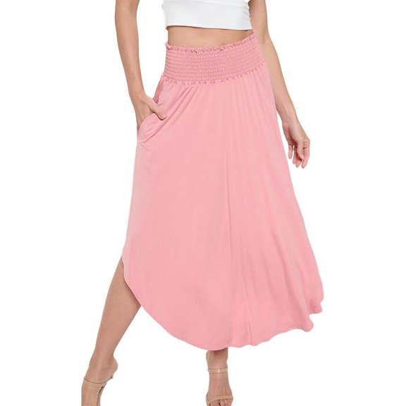 Dusty Pink Medium Size Women's Plain Rayon Modal Smocking Flair Bell Bottom Skirt 2023 Trend for Casual and Daily Dresses