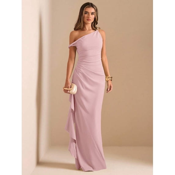 Dusty Pink One Shoulder Ruched Wrap Maxi Dress With Asymmetrical Ruffle Hem And Draped Detail