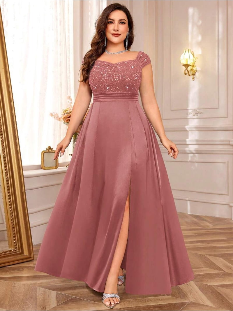 dusty pink plus size bridesmaid dresses /// Dusty Pink Plus Size Sleeveless Sequin Lace Bodice Satin A-Line High Slit Formal Evening Gown, Women's, Size: 2XL