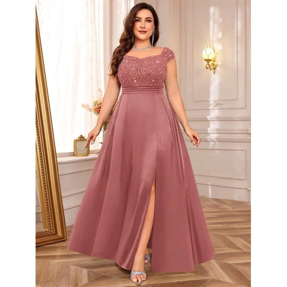 Dusty Pink Plus Size Sleeveless Sequin Lace Bodice Satin A-Line High Slit Formal Evening Gown