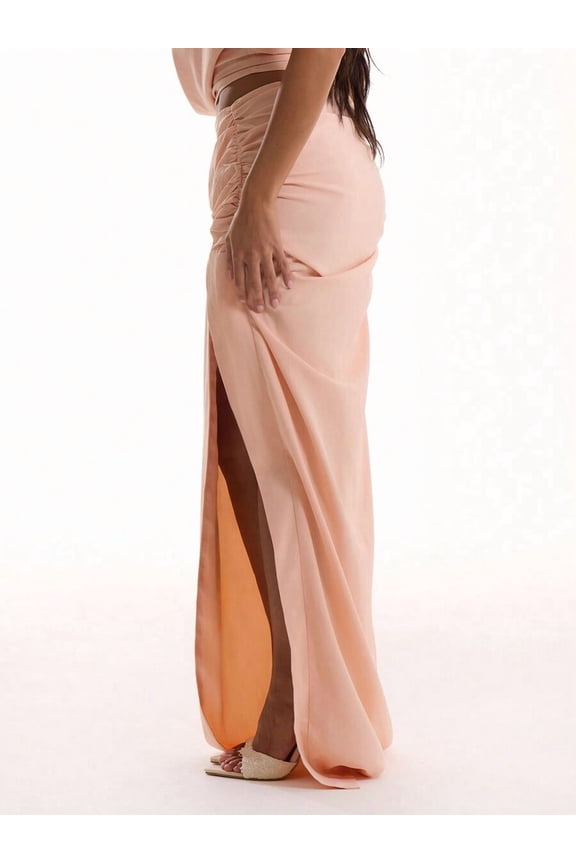 Dusty Pink Ruched High-Slit Maxi Skirt Flowing Sheath Style