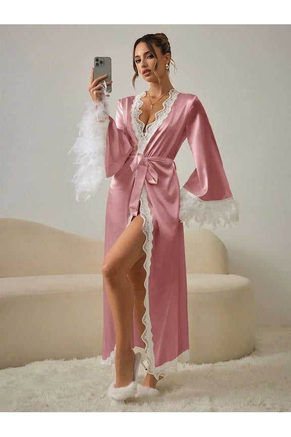 Dusty Pink Satin Boudoir Robe With Lace Trim, Feather Cuffs & Sash Tie