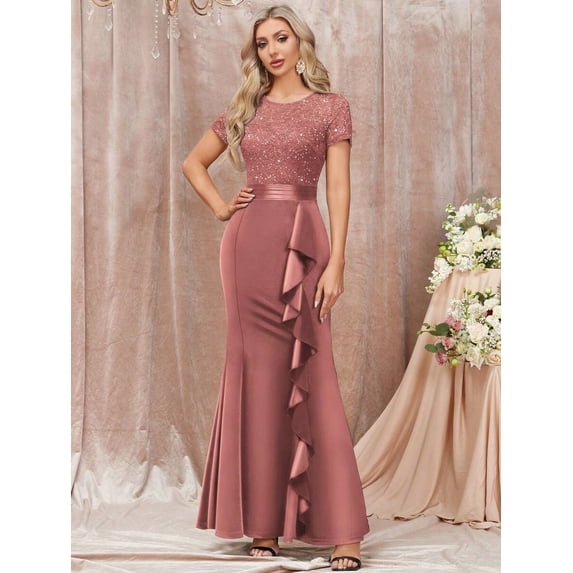 Dusty Pink Sequin Lace Ruffle Mermaid Evening Maxi Dress