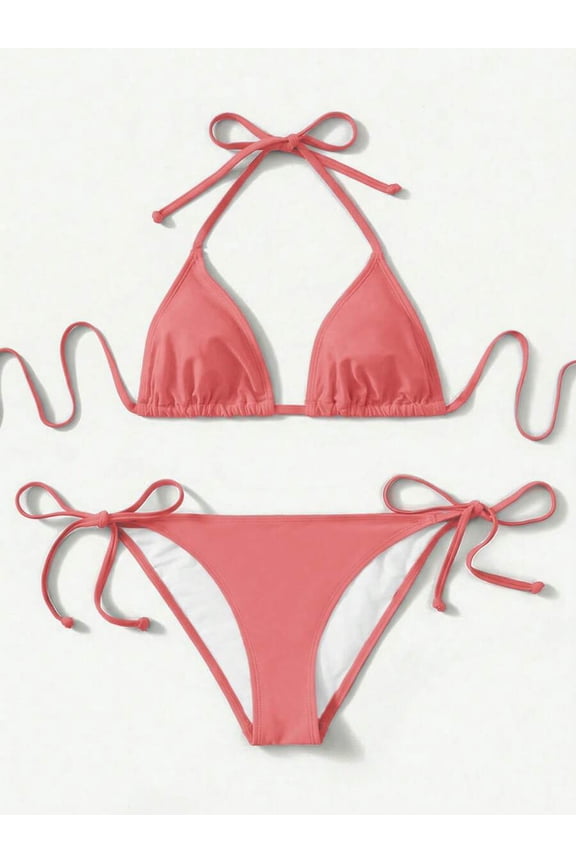 Dusty Pink Solid Halter Triangle Bikini Set With Adjustable Tie Straps And Side Ties