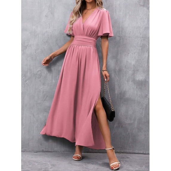 Dusty Pink V-Neck Butterfly Sleeve High Slit Maxi Dress For Women