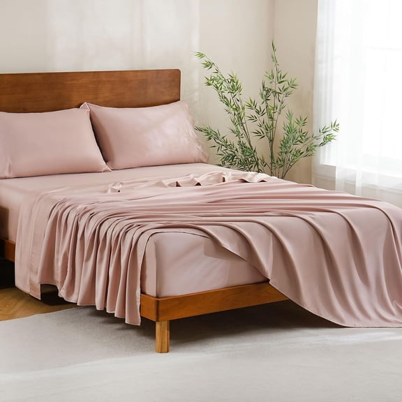 Dusty Pink Viscose Derived from Bamboo Sheet Set Queen, Cooling Sheets for Hot Sleepers, Soft Silky Breathable Bed Sheets Extra Deep Pocket