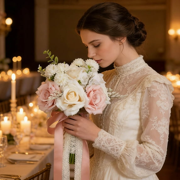 Dusty Pink Wedding Bouquets for Bride Bridesmaid,White Blush Pink Artificial Fake Silk Roses Flowers Bridal Bouquet for Wedding French Vintage Boho Rustic Church Decoration Toss Bouquet