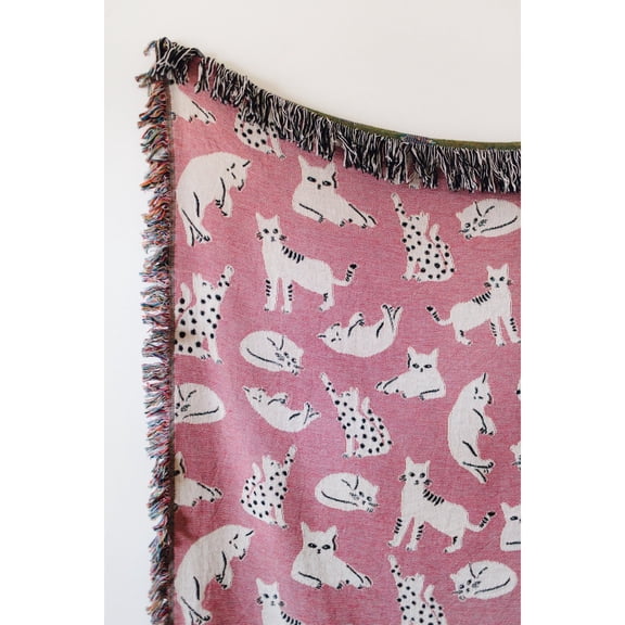 Dusty Pink, White and Black Whimsical Cat Pattern Woven Throw Blanket, 100% Cotton, Fringed Edges, Living Room Decor
