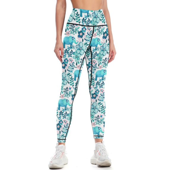 Dusty Pink White and Teal Elephant and Floral Watercolor Pattern Leggings Clothing fitness Legging sexy woman Womens Leggings