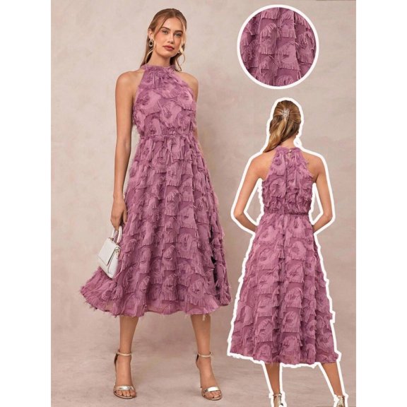 Dusty Pink Womens Halter Neck Ruffled Jacquard A-Line Midi Dress For Elegant Occasions