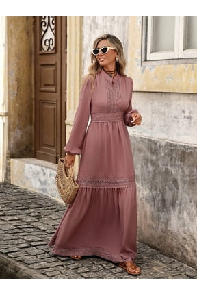 Dusty Pink Womens Long Sleeve Maxi Dress With Lace Insert And Relaxed Fit