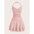 thumbnail image 1 of Dusty Pink Womens Slim Fit Ruched Halter Mini Dress With Tiered Flounce Skirt, 1 of 5