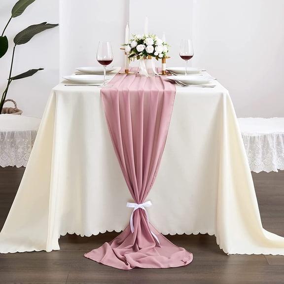 Dusty Rose Chiffon Table Runner 10Ft Wedding Table Runner 29x120 Inches Sheer Romantic Tulle Table Runner for Wedding Decor Birthday Party Bridal Shower Baby Shower Cake Table Decoration