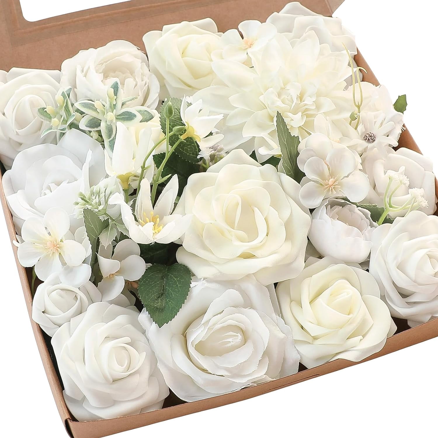 Dusty Rose Cream Artificial Flowers Fake Roses Peonies and Greenery Combo Box Set for DIY Wedding Bouquets Bridal Shower Centerpieces Floral Arrangements Party Tables Home Decorations