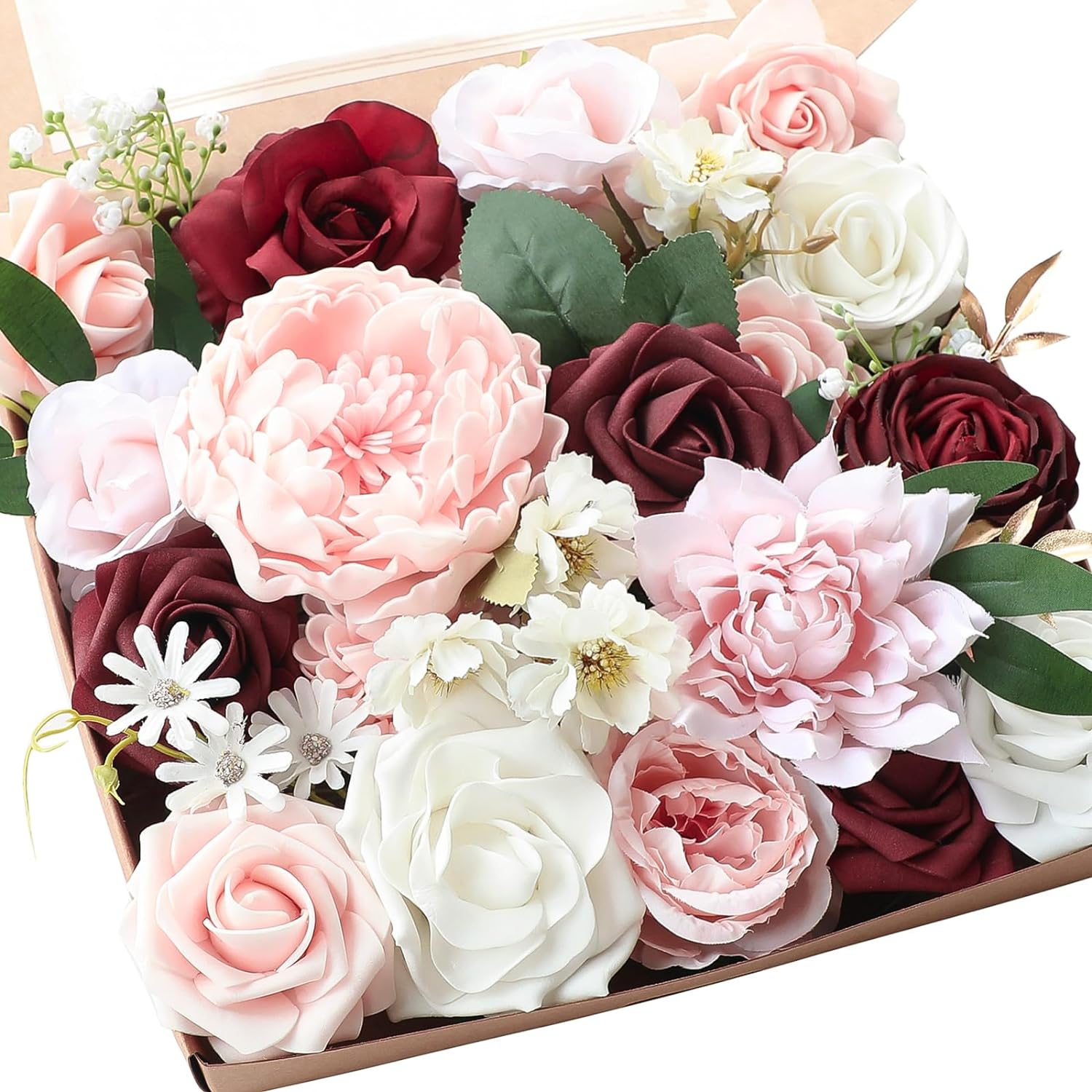 Dusty Rose Cream Artificial Flowers Fake Roses Peonies and Greenery Combo Box Set for DIY Wedding Bouquets Bridal Shower Centerpieces Floral Arrangements Party Tables Home Decorations