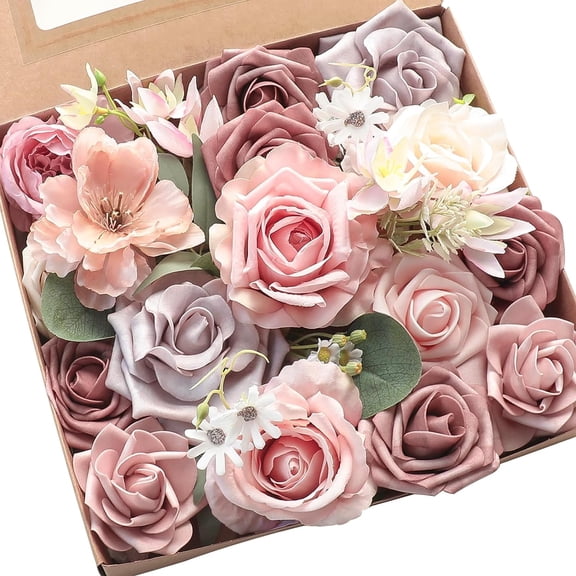 Dusty Rose Cream Artificial Flowers Fake Roses Peonies and Greenery Combo Box Set for DIY Wedding Bouquets Bridal Shower Centerpieces Floral Arrangements Party Tables Home Decorations