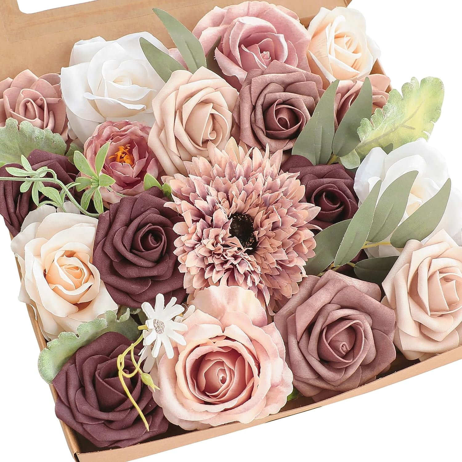 Dusty Rose Cream Artificial Flowers Fake Roses Peonies and Greenery Combo Box Set for DIY Wedding Bouquets Bridal Shower Centerpieces Floral Arrangements Party Tables Home Decorations