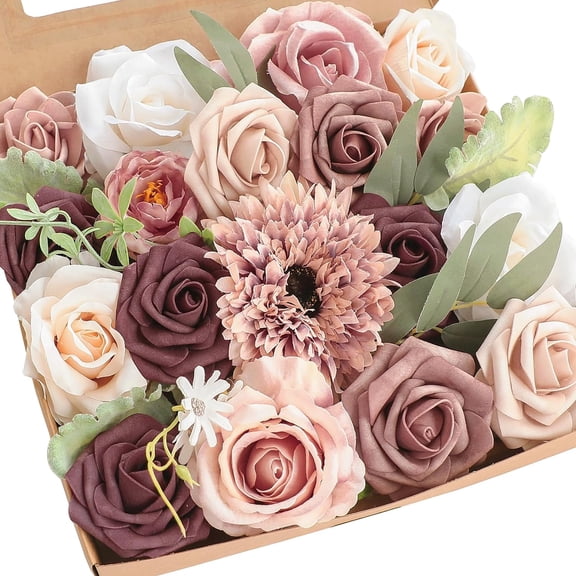 Dusty Rose Cream Artificial Flowers Fake Roses Peonies and Greenery Combo Box Set for DIY Wedding Bouquets Bridal Shower Centerpieces Floral Arrangements Party Tables Home Decorations