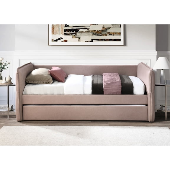Dusty Rose Daybed With Trundle For Twins, 100% , Low Maintenance, Mauve Upholstered Twin Over In Rose, Fabric, Trouble- Upholstered, 45.95 In. Depth, 84.09 Width, 34.28 Height, 105.55 Lb. Weight