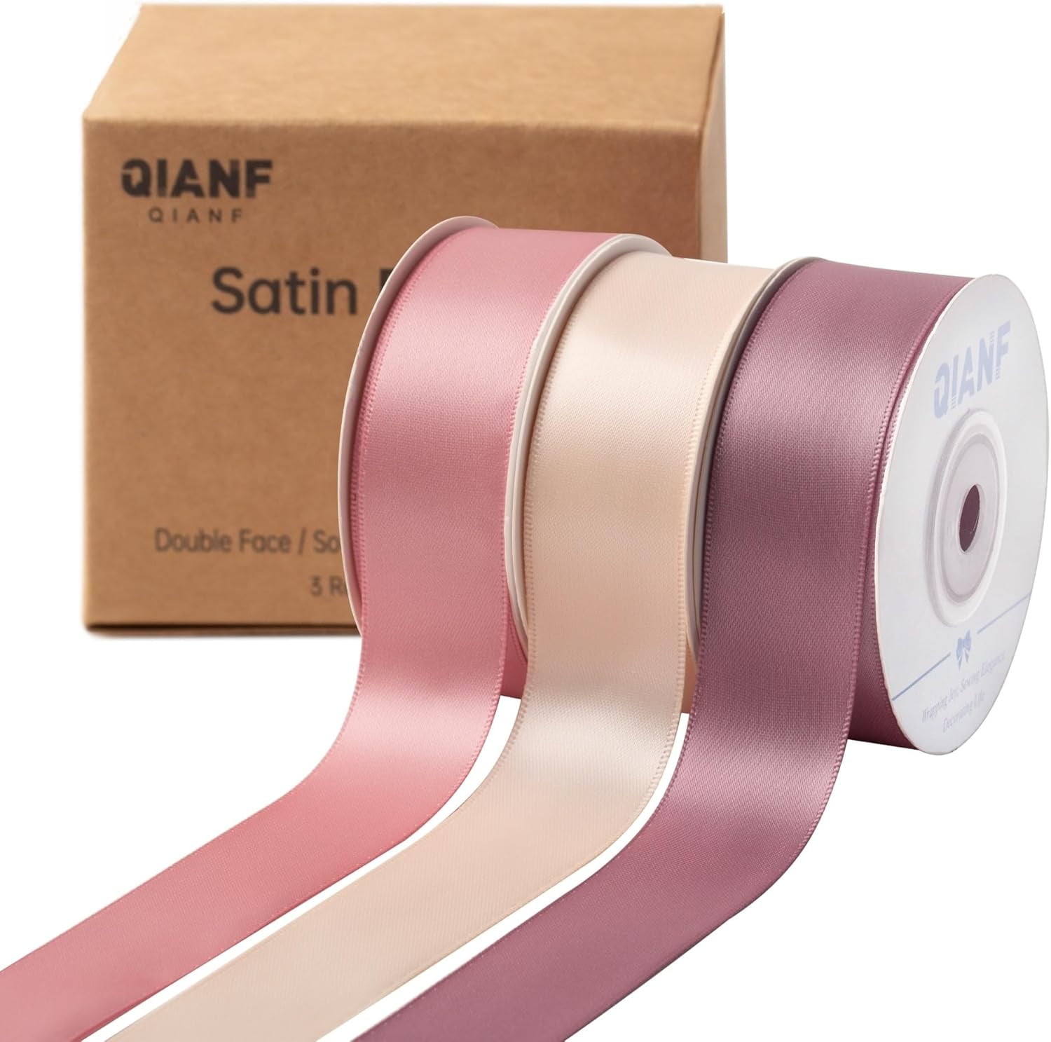 Dusty Rose Double Face Satin Ribbon 1 Inch x 45 Yards Champagne Pink/Rose Gold/Mauve Fabric for Gift Wrapping Flower Bouquets Bows Making Wedding Decor (3 Rolls *15Yd)