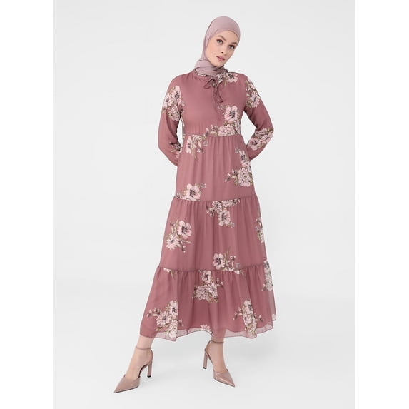 Dusty Rose - Floral - Crew neck - Fully Lined - Modest Dress - Refka