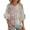 thumbnail image 1 of Dusty Rose Patterned Fabric Design Women's V-Neck Blouse With 3/4 Ruffled Bell Sleeves Casual Top Ladies Blouses, 1 of 7