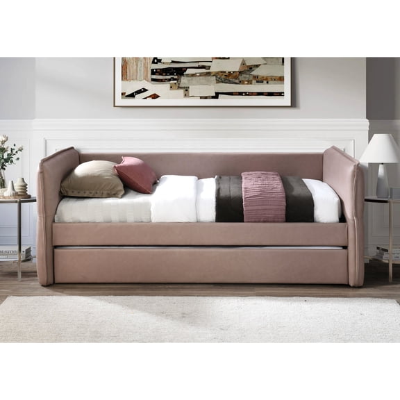 Dusty Rose Polyester Upholstered - Twin Over Twin Daybed with Trundle - Bedroom Use - Easy Maintenance