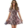 thumbnail image 1 of Dusty Rose Snakeskin Fabric Texture Women Dress V-Neck Short Sleeve Flowy Swing Party Midi Dress, 1 of 4