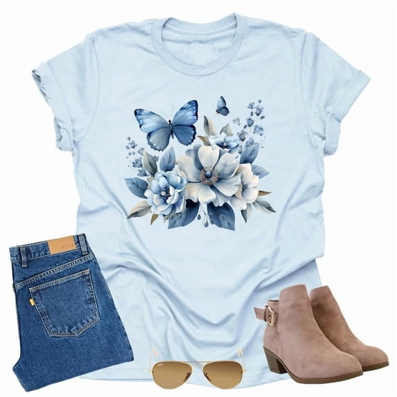 Dusty Rose T Shirt Cute Flower Graphic Loose Tees Crew Neck Short Sleeve Casual Tops (Light Blue-3X-Large)