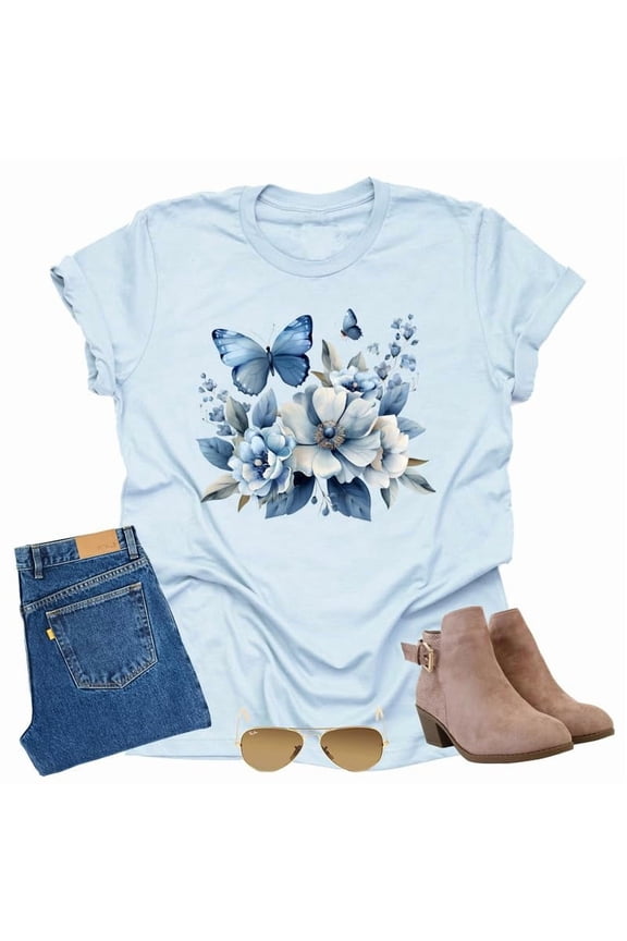 Dusty Rose T Shirt Cute Flower Graphic Loose Tees Crew Neck Short Sleeve Casual Tops (Light Blue-3X-Large)