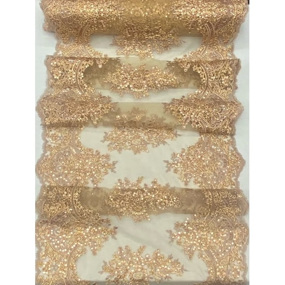 Dusty Rose – Valentina Textile Inc VT-14 Sequin Embroidered Lace Mesh Fabric, Scalloped Edge – 1 Yard