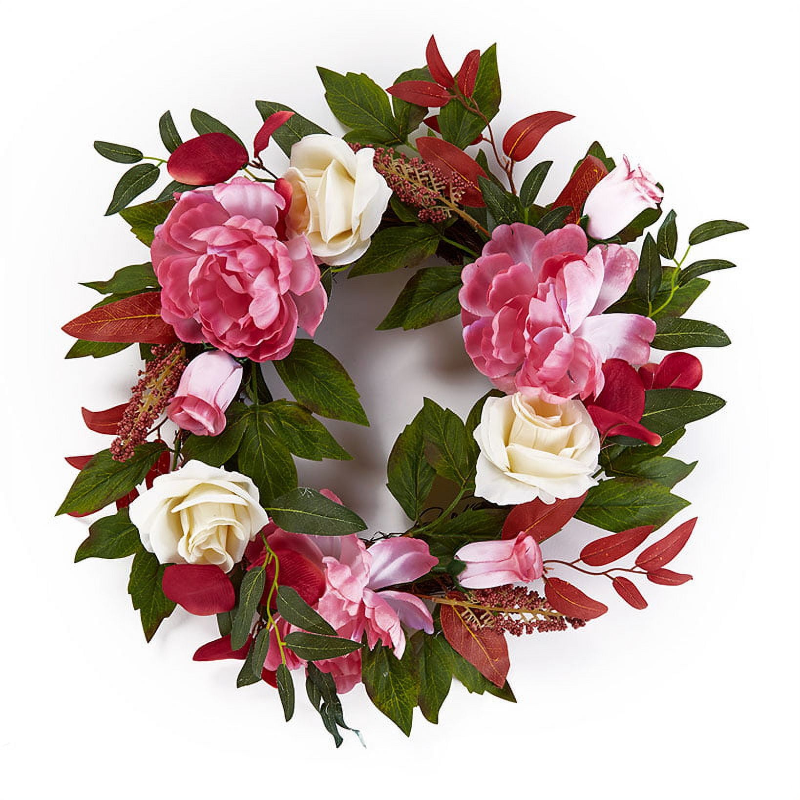 Spring/Summer Artificial Floral Grapevine Wreath with Pink and White Roses