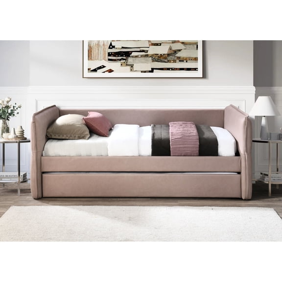 Dusty rose polyester daybed with trundle | Playroom use, low - maintenance