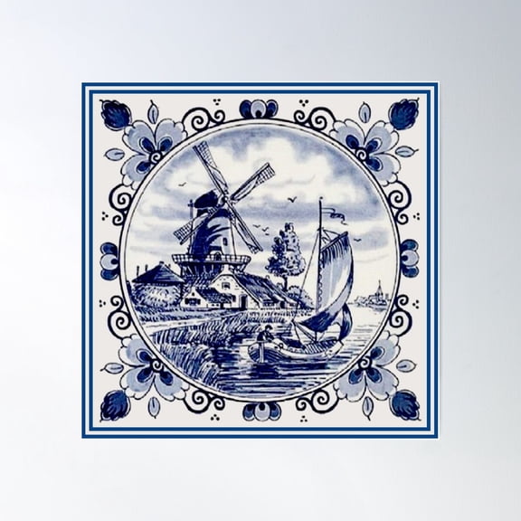 Dutch Blue Delft: Vintage Windmill Print Poster Wall Art Modern Wall Decor For Living Room Bedroom
