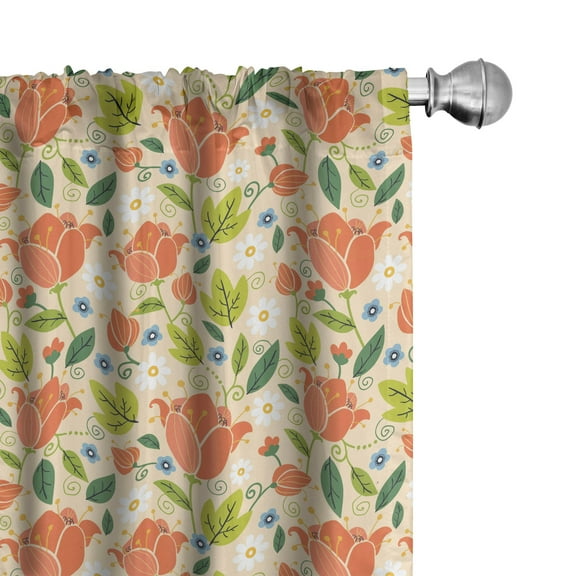 Dutch Curtains 2 Panels Set, Colorful Spring Tulips Abstract Blooming Meadow Floral Arrangement in Cartoon Style, Window Drapes for Living Room Bedroom, 56"W X 84"L, Multicolor, by Ambesonne