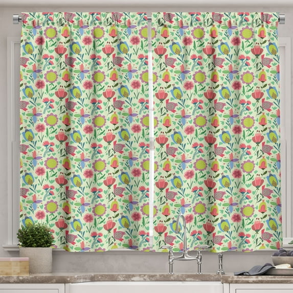 Dutch Curtains 2 Panels Set, Floral Arrangement with Colorful Doodle Blooming Tulips on Pale Green Background, Window Drapes for Living Room Bedroom, 55W X 39L Inches, Multicolor, by Ambesonne