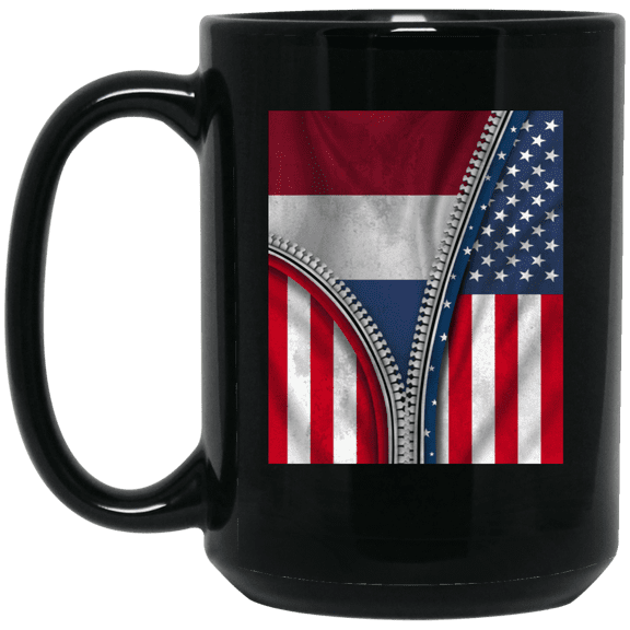 Dutch Flag American Netherlands Coffee Mug, Patriotic Roots Design 15oz Black Coffee Mug