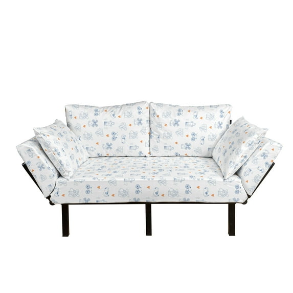 Dutch Futon Couch, Traditional Holland Culture Elements with Doodle Style Clogs Bicycles, Daybed with Metal Frame Upholstered Sofa for Living Dorm, Loveseat, Navy Blue Orange, by Ambesonne