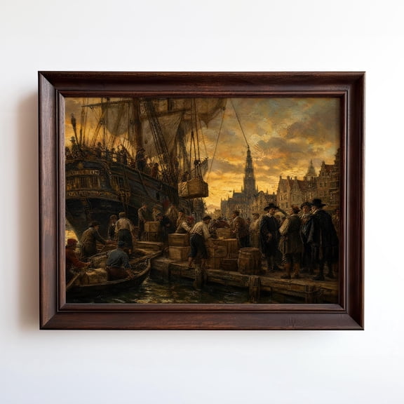 Dutch Harbor Ship Loading Art Golden Age Maritime Nautical Home Decor, Unframed Paper Print