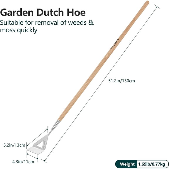 Dutch Hoe, Stainless Steel Head with Wooden Handle Weeder, Women Heavy Duty Garden Tool for Weeding and Cultivating