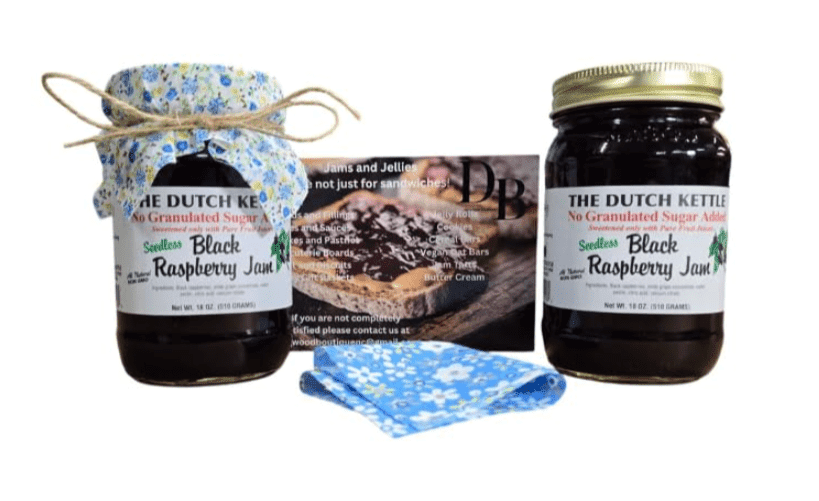Dutch Kettle Amish Homestyle Black Raspberry No Sugar Added Jam 2-19 Oz Jars with Added Craft Jar Toppers