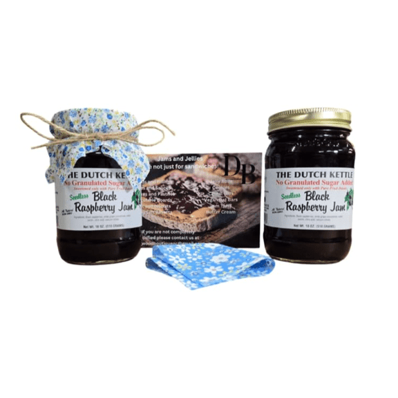 Dutch Kettle Amish Homestyle Black Raspberry No Sugar Added Jam 2-19 Oz Jars with Added Craft Jar Toppers